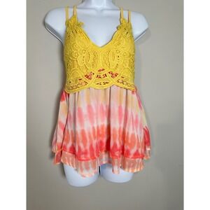 Feager Yellow Crochet Lace Tie Dye Layered Tank Top Women's Size M